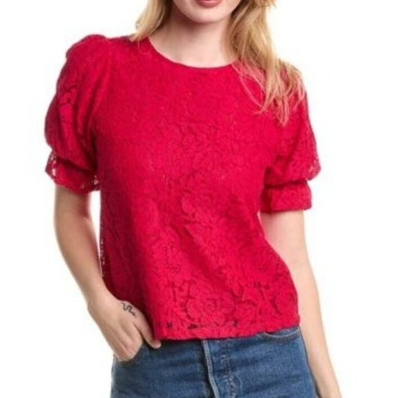 1State Tops - 1.State Women's Lace Ruffle Puff Sleeve Top Wineberry Red Pink Floral Size MED
